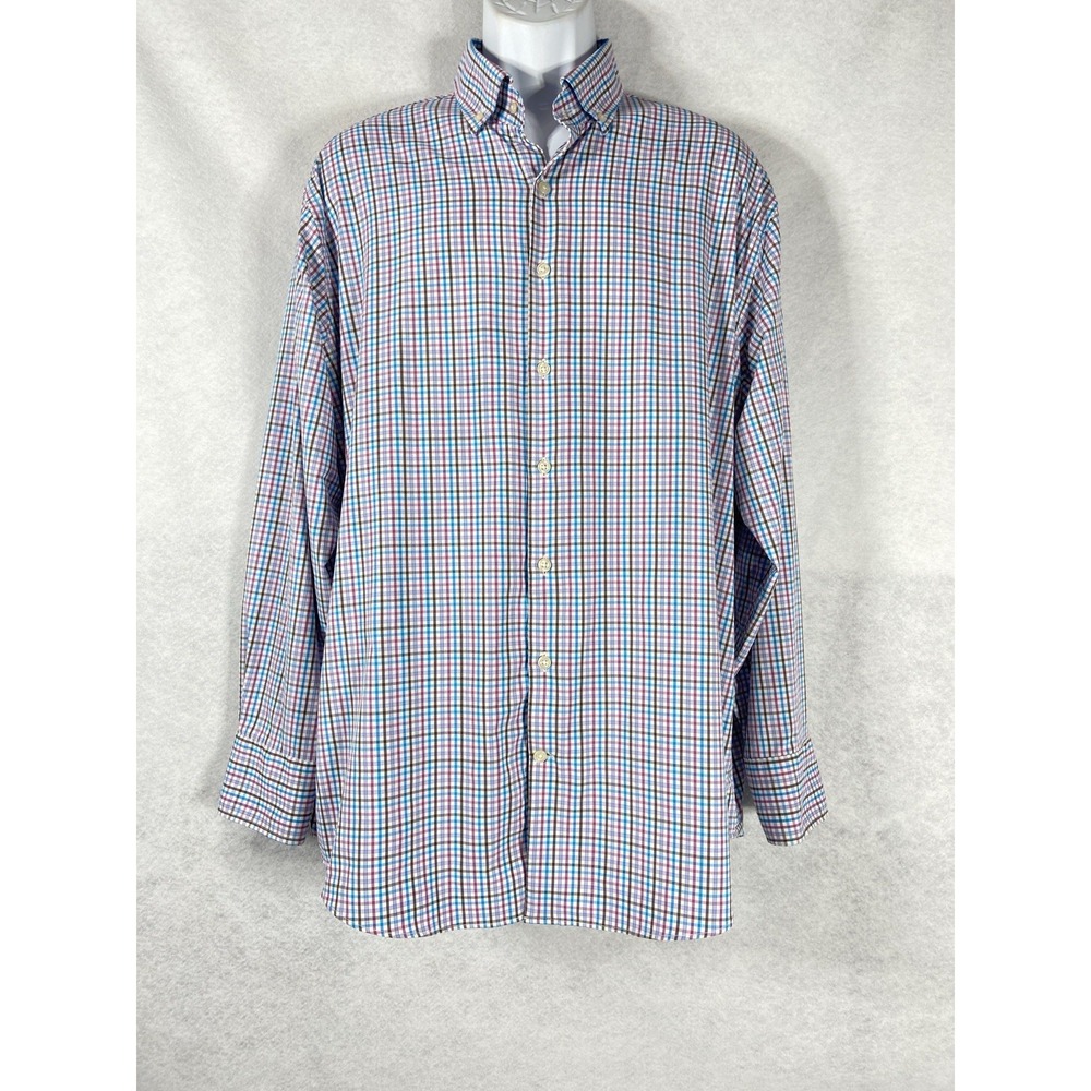 Peter Millar Shirt Mens XL Blue Burgundy Summer Comfort Check Long Sleeve